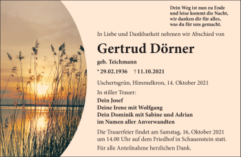 Traueranzeige von Gertrud Dörner von Frankenpost