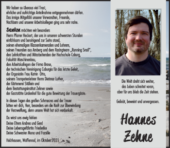 Traueranzeige von Hannes Zehne von Südthüringer Presse