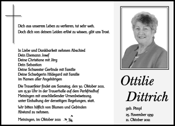 Traueranzeige von Ottilie Dittrich von Südthüringer Presse