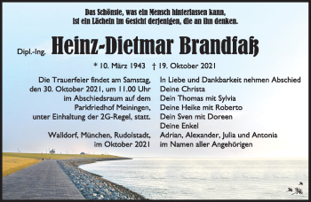 Traueranzeige von Heinz-Dietmar Brandfaß von Südthüringer Presse