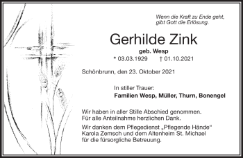 Traueranzeige von Gerhilde Zink von Frankenpost