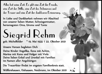 Traueranzeige von Siegrid Rehm von Südthüringer Presse