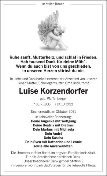 Traueranzeige von Luise Korzendorfer von Frankenpost