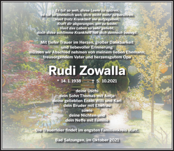 Traueranzeige von Rudolf Zowalla von Südthüringer Presse