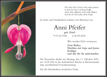 Traueranzeige von Anni Pfeifer von Frankenpost