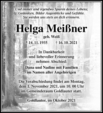 Traueranzeige von Helga Meißner von Südthüringer Presse