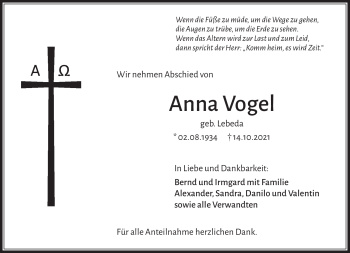 Traueranzeige von Anna Vogel von Frankenpost