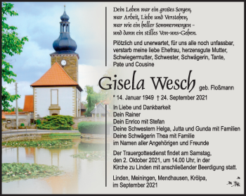 Traueranzeige von Gisela Wesch von Südthüringer Presse