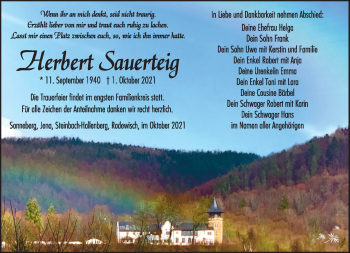 Traueranzeige von Herbert Sauerteig von Südthüringer Presse