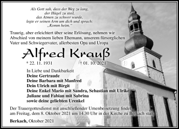Traueranzeige von Alfred Krauß von Südthüringer Presse