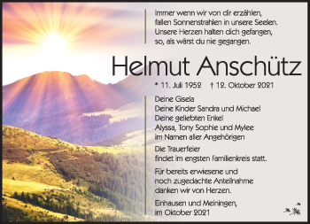 Traueranzeige von Helmut Anschütz von Südthüringer Presse