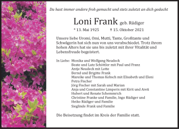 Traueranzeige von Loni Frank von Südthüringer Presse