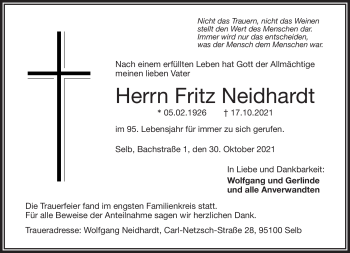 Traueranzeige von Fritz Neidhardt von Frankenpost