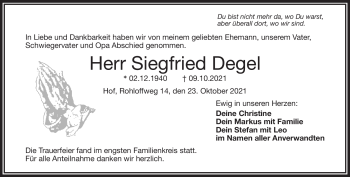 Traueranzeige von Siegfried Degel von Frankenpost