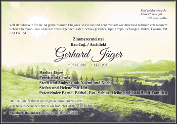 Traueranzeige von Gerhard Jäger von Südthüringer Presse