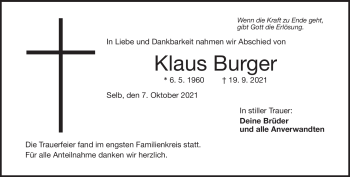 Traueranzeige von Klaus Burger von Frankenpost