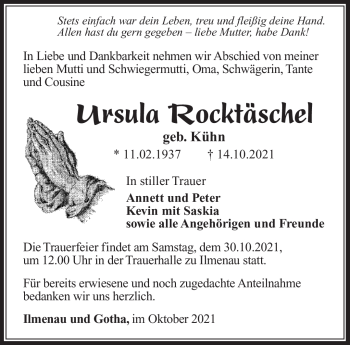 Traueranzeige von Ursula Rocktäschel von Südthüringer Presse