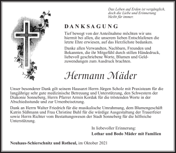Traueranzeige von Hermann Mäder von Südthüringer Presse