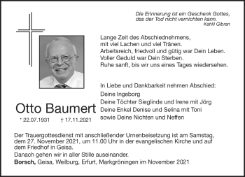 Traueranzeige von Otto Baumert von Südthüringer Presse