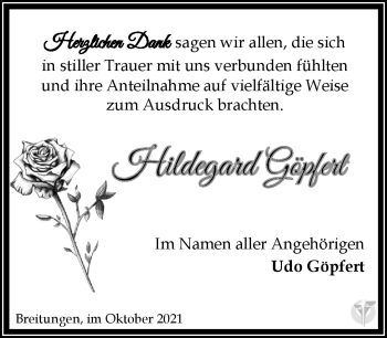 Traueranzeige von Hildegard Göpfert von Südthüringer Presse