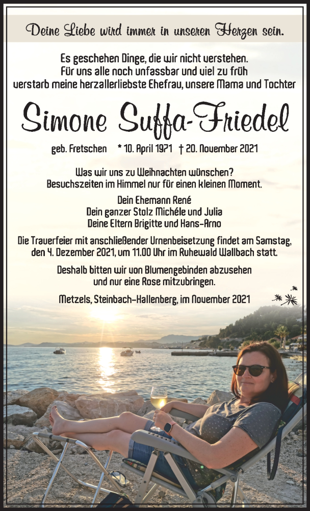  Traueranzeige für Simone Suffa-Friedel vom 27.11.2021 aus Südthüringer Presse