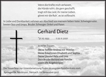 Traueranzeige von Gerhard Dietz von Südthüringer Presse