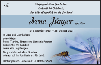 Traueranzeige von Irene Jünger von Südthüringer Presse