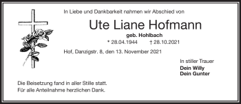 Traueranzeige von Ute Hofmann von Frankenpost