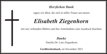 Traueranzeige von Elisabeth Ziegenhorn von Südthüringer Presse