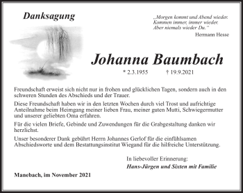 Traueranzeige von Johanna Baumbach von Südthüringer Presse