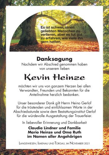 Traueranzeige von Kevin Heinze von Südthüringer Presse
