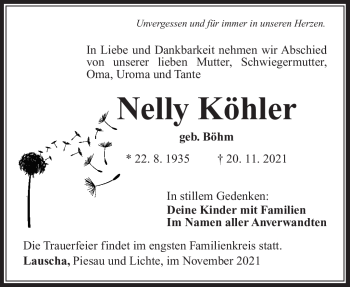 Traueranzeige von Nelly Köhler von Südthüringer Presse