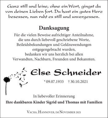 Traueranzeige von Else Schneider von Südthüringer Presse