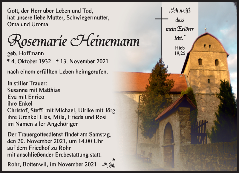  Traueranzeige für Rosemarie Heinemann vom 17.11.2021 aus Südthüringer Presse
