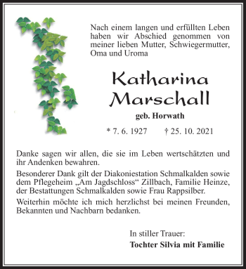Traueranzeige von Katharina Marschall von Südthüringer Presse