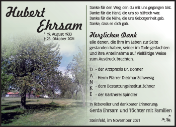 Traueranzeige von Hubert Ehrsam von Südthüringer Presse