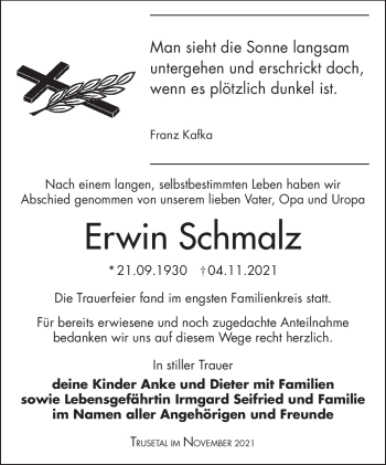 Traueranzeige von Erwin Schmalz von Südthüringer Presse