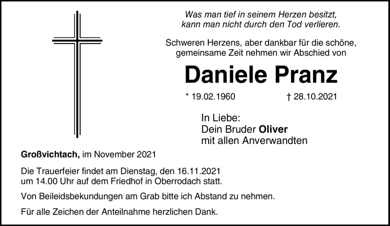  Traueranzeige für Daniele Pranz vom 11.11.2021 aus Neue Presse Coburg