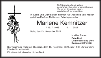 Traueranzeige von Marlene Kemnitzer von Frankenpost