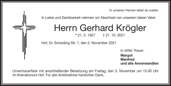 Traueranzeige von Gerhard Krögler von Frankenpost