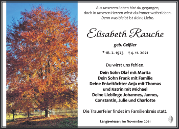 Traueranzeige von Elisabeth Rauche von Südthüringer Presse