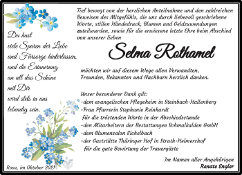 Traueranzeige von Selma Rothamel von Südthüringer Presse
