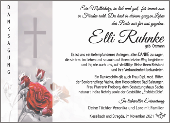 Traueranzeige von Elli Ruhnke von Südthüringer Presse