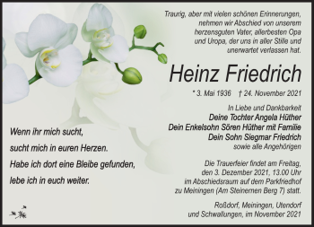 Traueranzeige von Heinz Friedrich von Südthüringer Presse