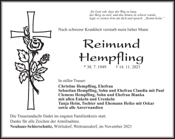 Traueranzeige von Reimund Hempfling von Südthüringer Presse