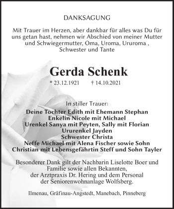 Traueranzeige von Gerda Schenk von Südthüringer Presse