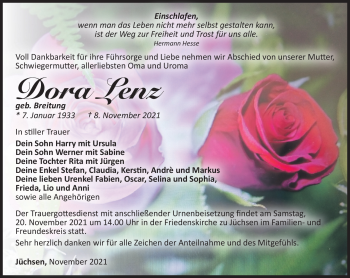 Traueranzeige von Dora Lenz von Südthüringer Presse