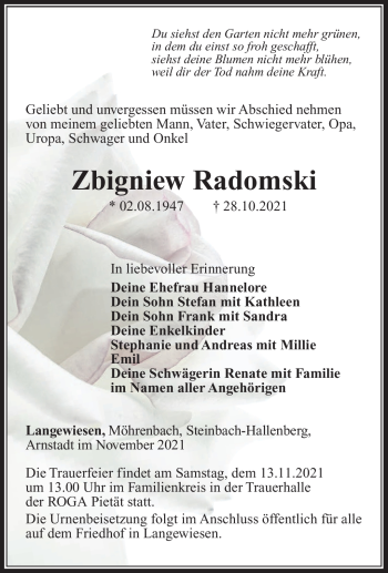 Traueranzeige von Zbigniew Radomski von Südthüringer Presse