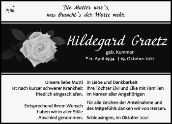 Traueranzeige von Hildegard Graetz von Südthüringer Presse