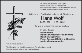 Traueranzeige von Hans Wolf von Frankenpost